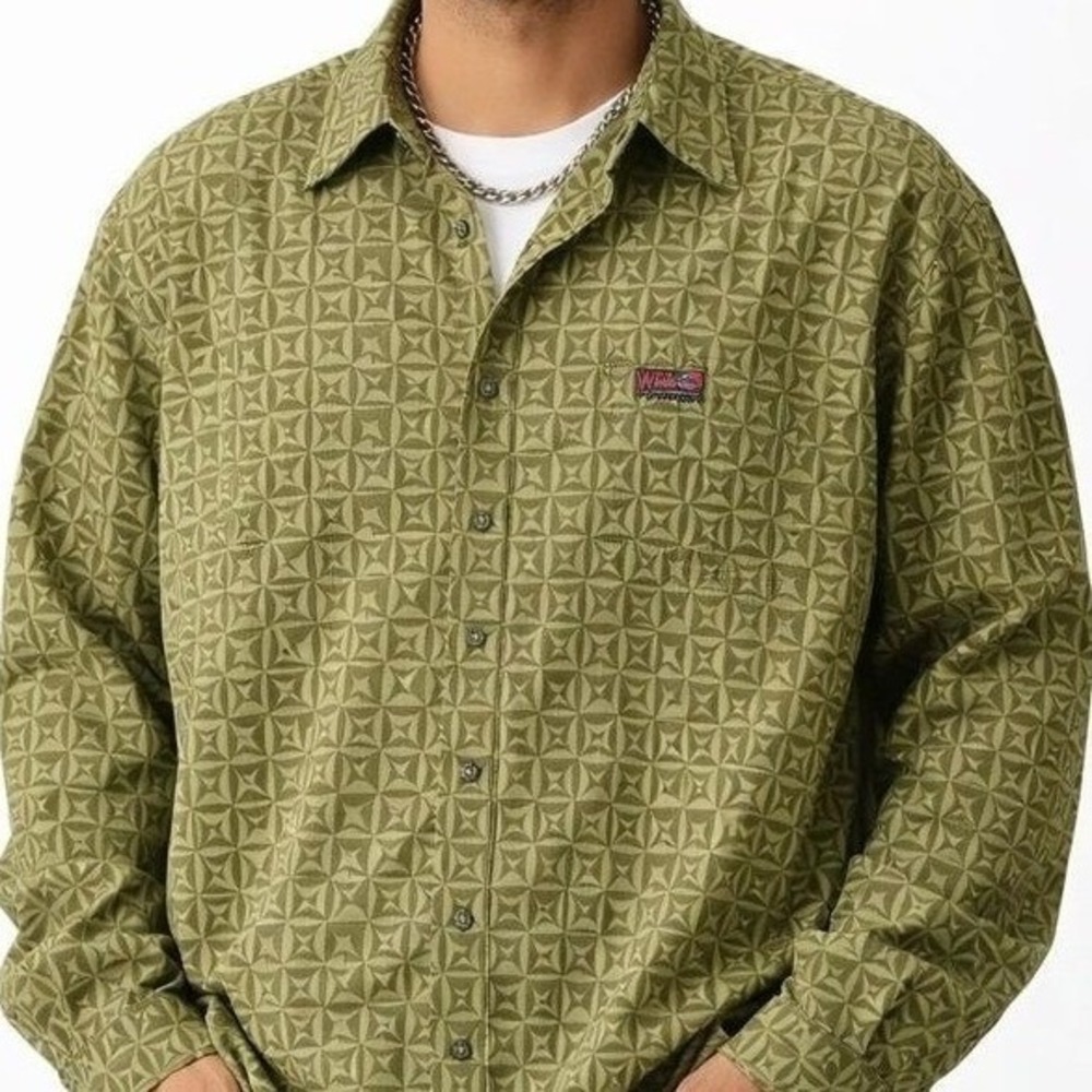 Vtg Willie Esco Shirt XL Geometric Tile Print Green Y2K Hip Hop Streetwear Baggy